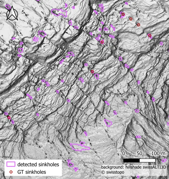 Detected sinkholes as polygons and GT sinkholes as points over an area of bare karst with several fissures